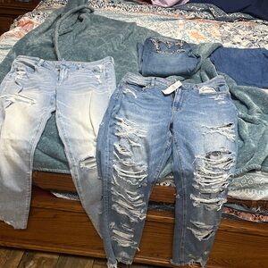 American Eagle Outfitters Light and Medium Blue Distressed Boyfriend Jeans
